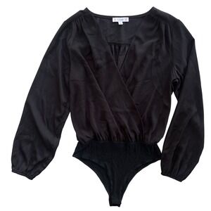 L Love Women S Black Long Balloon Sleeve Surplice V-neckline Bodysuit Party Chic